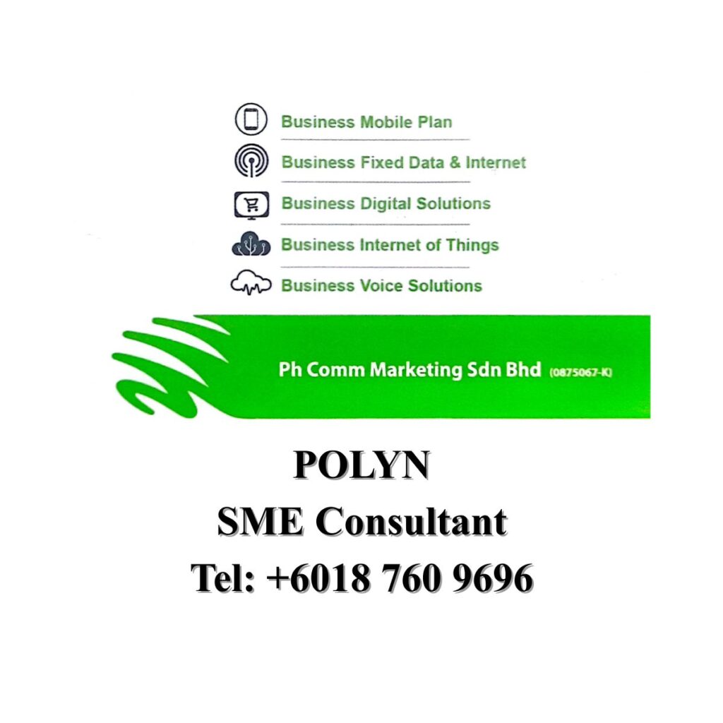 Ph Comm Marketing Sdn Bhd business card of Polyn Tan, Maxis Business Gold Partner SME consultant in Johor Bahru providing telecommunication services, internet solutions and AI business training in Johor Malaysia