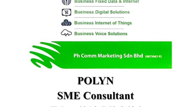 Ph Comm Marketing Sdn Bhd business card of Polyn Tan, Maxis Business Gold Partner SME consultant in Johor Bahru providing telecommunication services, internet solutions and AI business training in Johor Malaysia