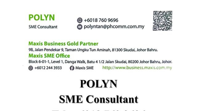 Ph Comm Marketing Sdn Bhd business card of Polyn Tan, Maxis Business Gold Partner SME consultant in Johor Bahru providing telecommunication services, internet solutions and AI business training in Johor Malaysia